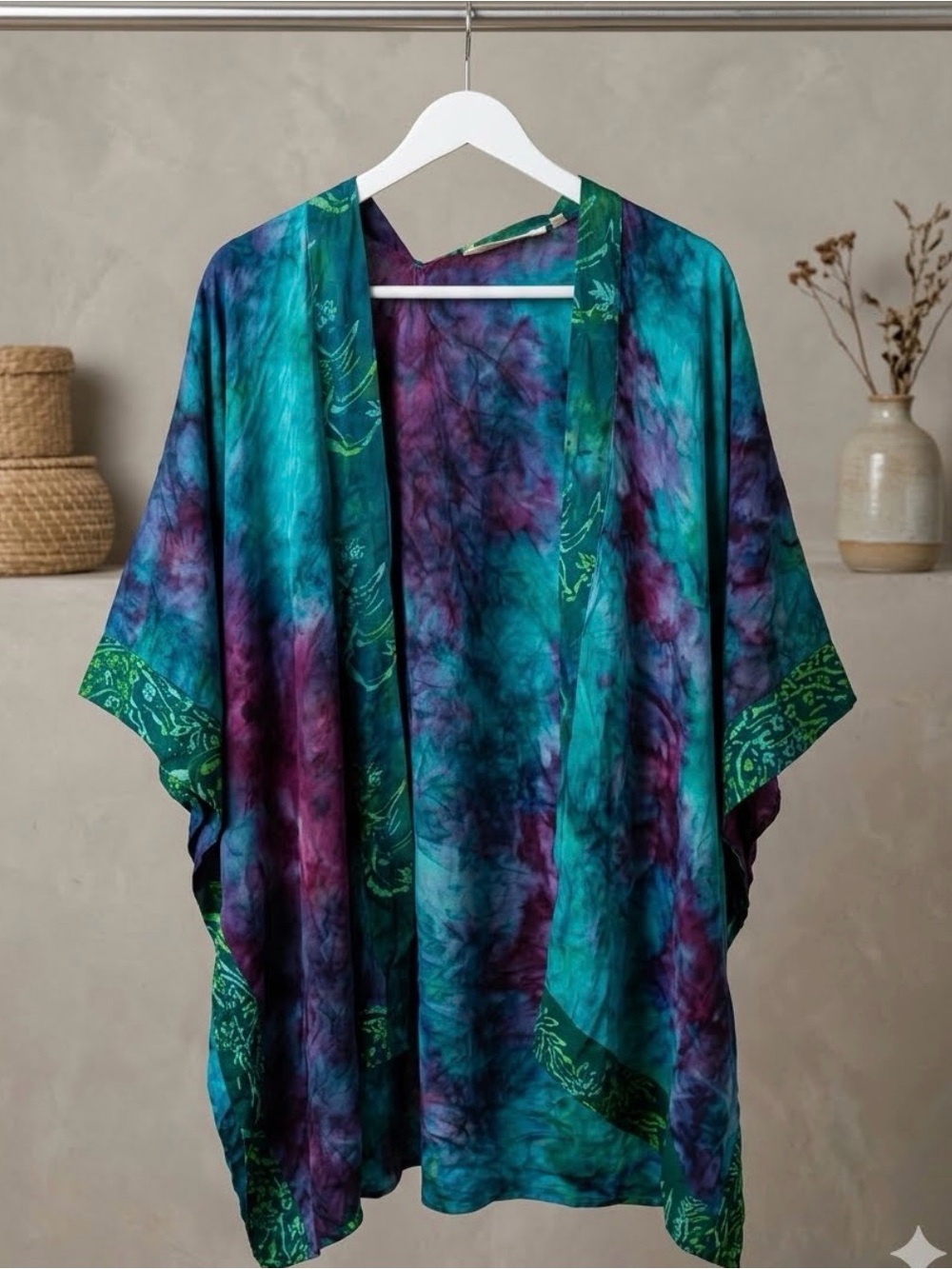 Soft Surroundings Teal and Purple Tie-Dye Open Kimono